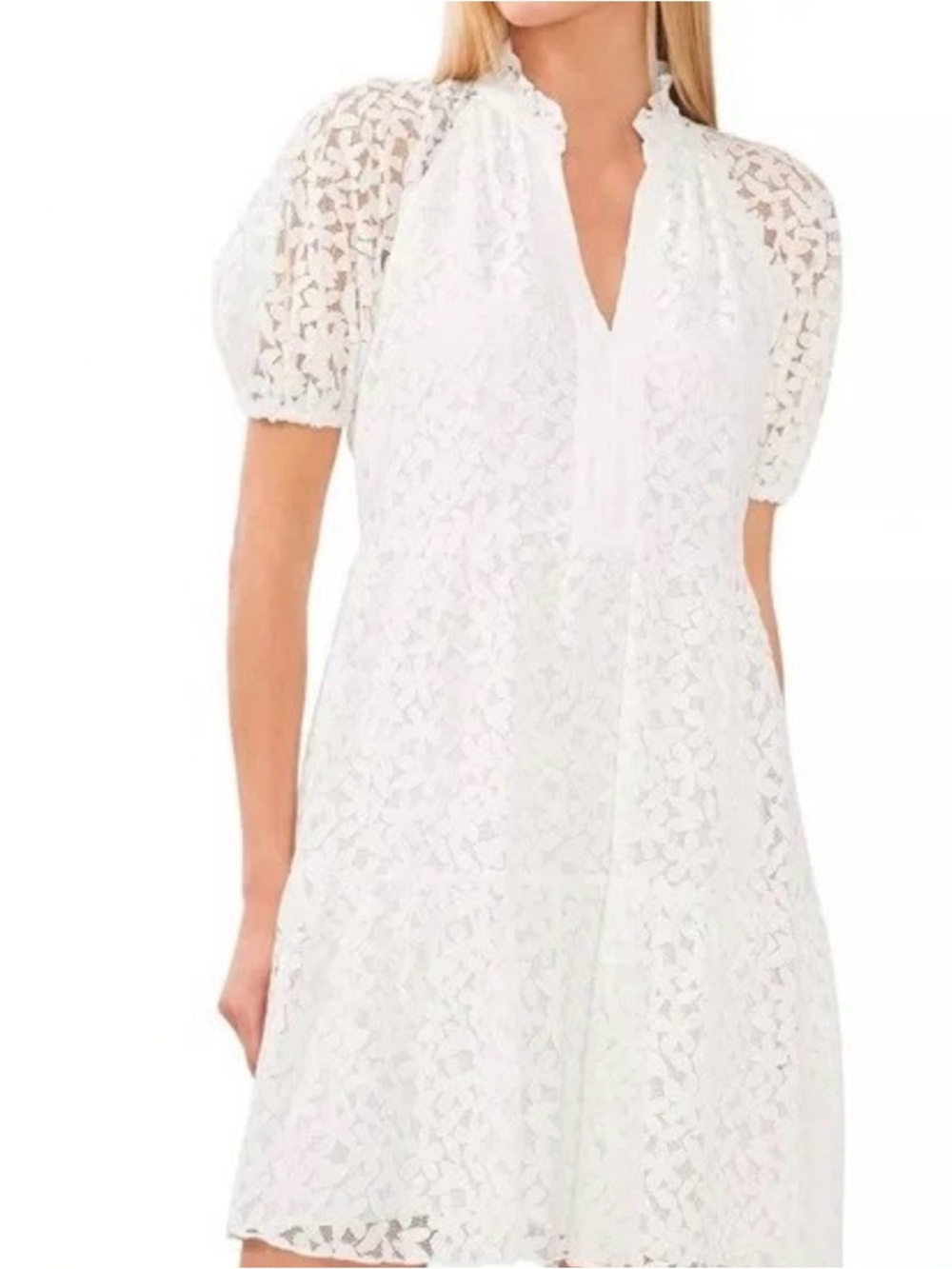CeCe White Lace Puff-Sleeve Mini Dress with Ruffled Neck tiered crochet lace
